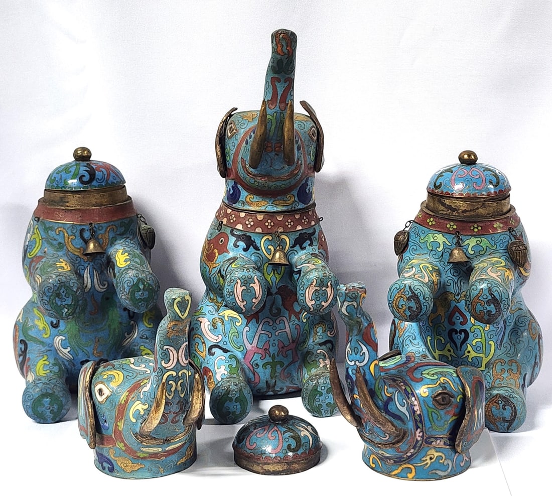 Group of Three Lidded Cloisonne Elephant Receivers (1 of 20)