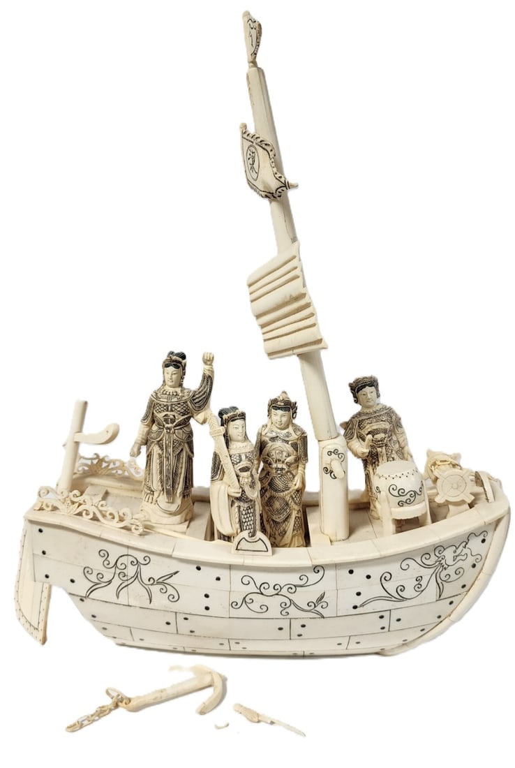 Chinese Composition Boat of Life: A Chinese composition Boat of Life with figures with detachable mast and rudder. Anchor is detached from reel. Some damage and some pieces included. Approximately 16" high (including mast) x 13.5" lon