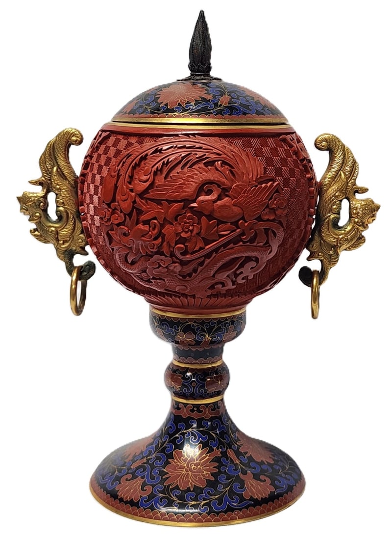 Chinese Cinnabar and Cloisonne Vase: Chinese cinnabar and Cloisonne vase, with bird handles, flame finial on lid, overall height 10.5"h x 8"w (with handles)