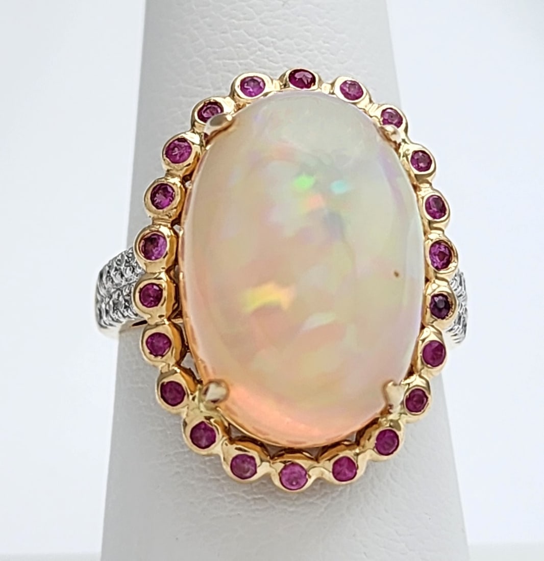 14K Yellow Gold Opal, Diamond, Ruby Ring (1 of 5)