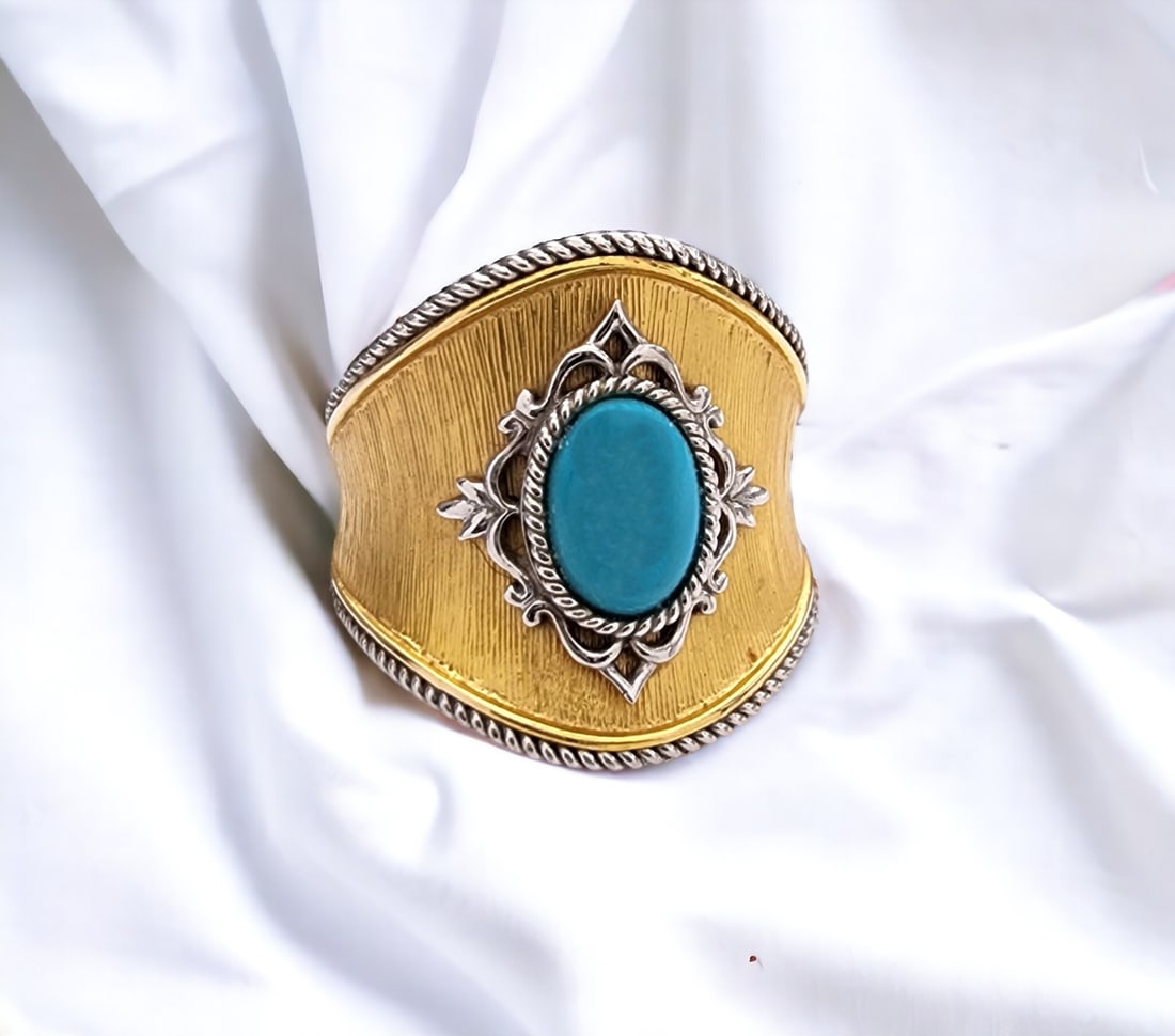 14K Two-Tone Turquoise Wide Band Ring (1 of 8)