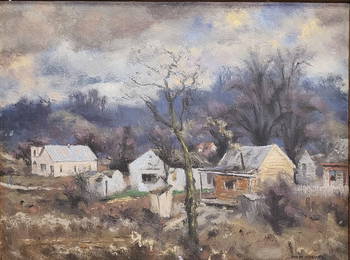 Harlan Hubbard 18x23.5 Oil/Tin "Wellsburg, KY 1941