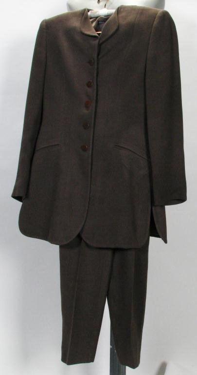 Giorgio Armani "Black Label" Brown Suit: Giorgio Armani "Black Label" brown suit. Single breasted A-line jacket with small lapel and five buttons down front and a pair of pleat front pants that taper at the ankle with side zipper closure--si