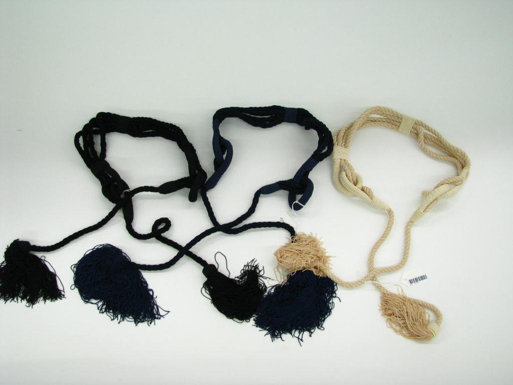 Three Giorgio Armani Rope Style Belts: Three Giorgio Armani "Black Label" classic tassel accent rope style belts; navy, tan and black. 1 5/8" wide, 45" long from knot to knot