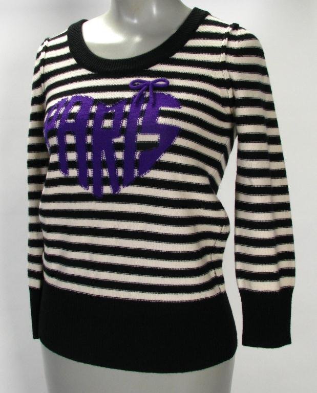 Sonia Rykiel Merino Wool Stripe "Paris Heart" Crew: Sonia by Sonia Rykiel 100% Merino wool classic black and white stripe with purple "Paris Heart" crew neck sweater; Fall/Winter 07, size small