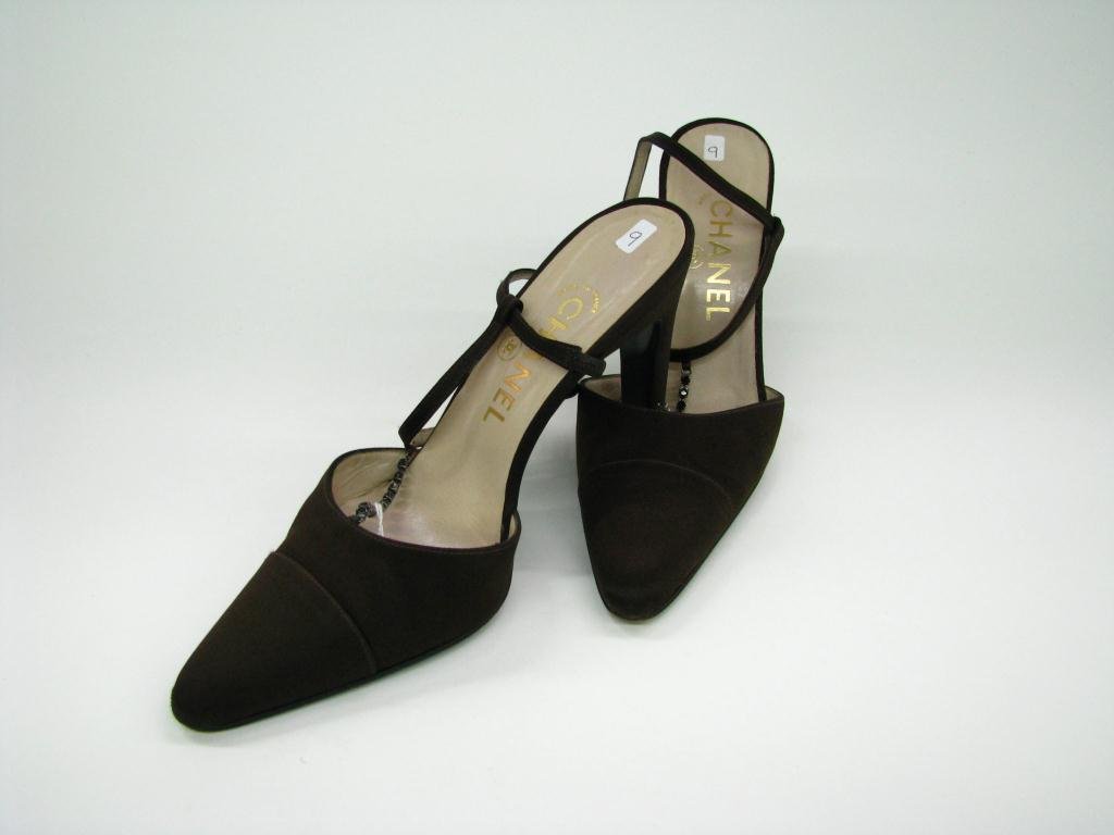 Chanel Satin Slingback Shoes: Chanel chocolate brown satin pointed toe sling back with crystal bead accent and 3 1/2" heel; Size 39