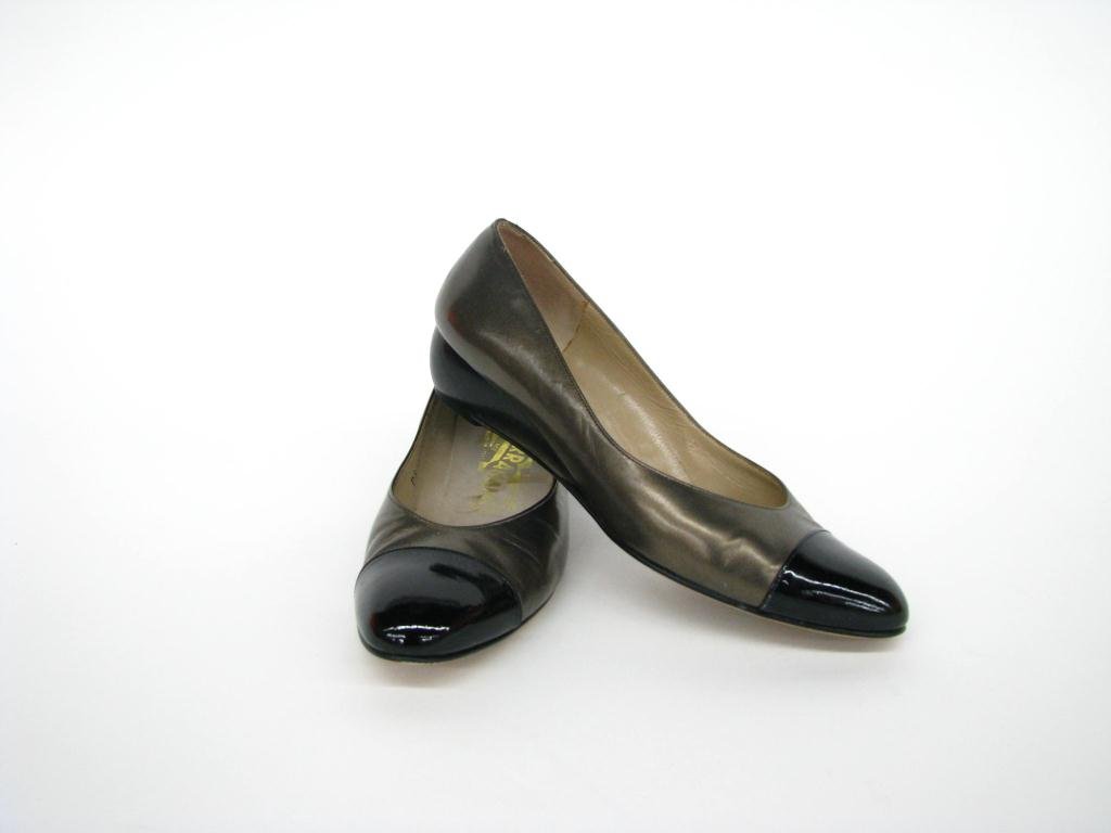 Salvatore Ferragamo Leather Flats: Salvatore Ferragamo pewter and black patent leather flats; Size 6.5 B in original box
