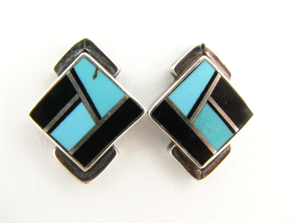 Pr of Georg Jensen Art Deco Earrings: Pair of signed Georg Jensen Art Deco earrings, sterling silver with inlaid onyx and turquoise