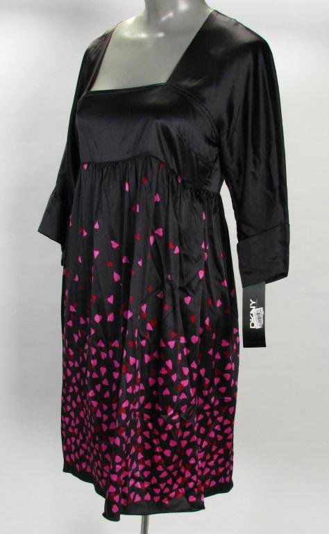 DKNY "Falling Hearts" Kimono Style Dress: DKNY "Falling Hearts" kimono style dress. Iron gray silk with pink and ruby hearts, square neckline, elbow sleeves; size 2, new with tag--Bloomingdale's $345