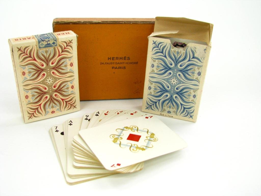Hermes Paris Vintage Playing Cards: Hermes Paris vintage playing cards, two decks in original holder; c. 1940s designed by A. M. Cassandre; missing three cards