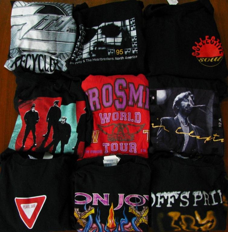 Nine Concert T-Shirts, Petty, Clapton, Aerosmith,: Lot of Vintage Concert T-shirts: Tom Petty & Heartbreakers '95 (XL), Eric Clapton (L), Collective Soul (XL), Smithereens (XL), ZZ Top 1990-91 (L), Aerosmith (XL), Bon Jovi '93 (XL), Offspring (Xl), Pe