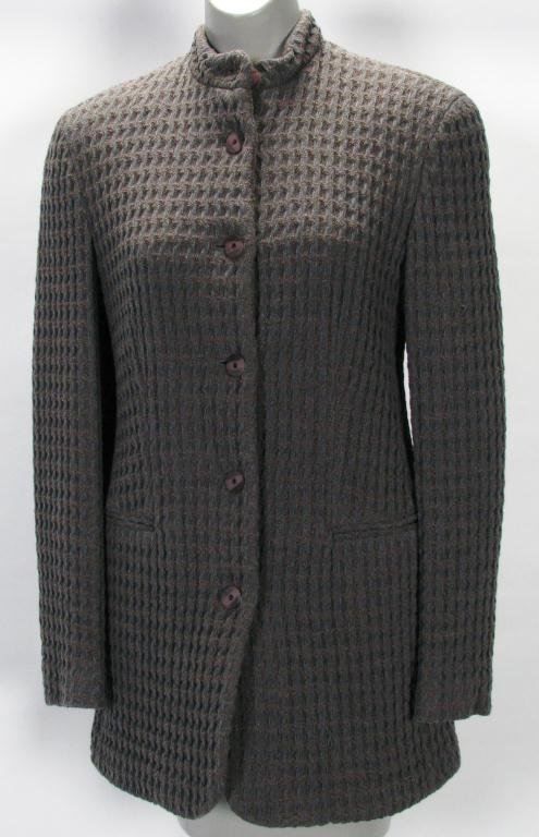 Giorgio Armani "Black Label" Nehru Style Jacket: Giorgio Armani "Black Label" wool blend gray/brown Nehru style jacket with waffle style weave. Button front. Size 38--Model 400 CHA F4 Nehru Jkt Wffl Weave. Retail Giorgio Armani Chicago--$875