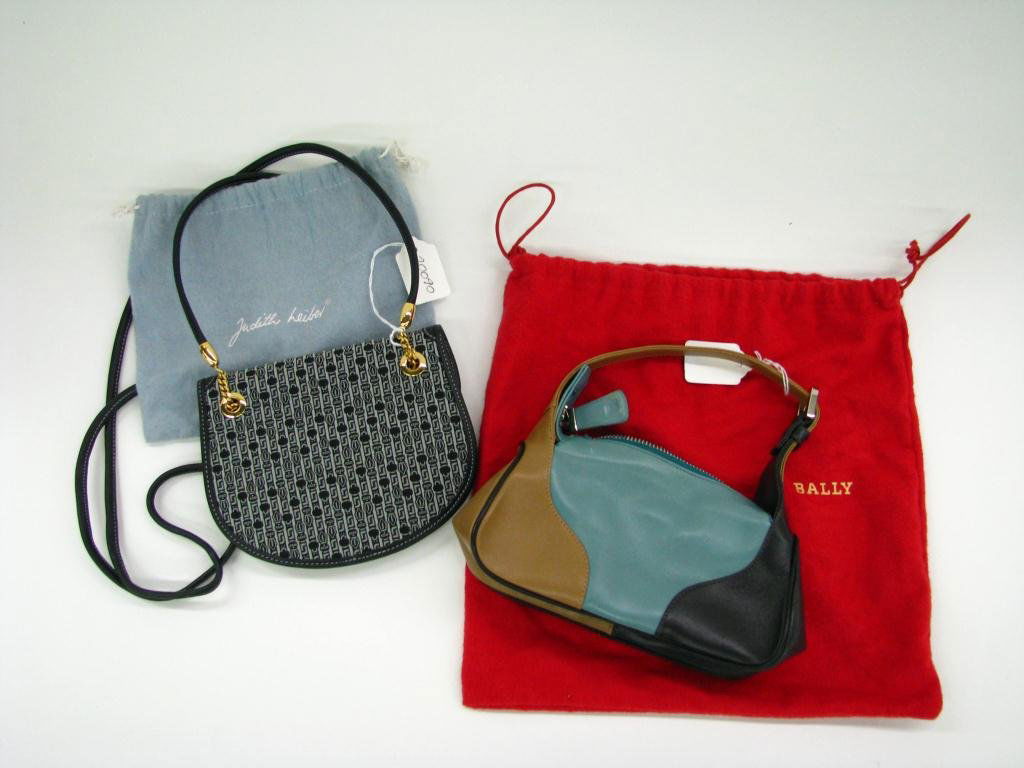 Two "Mini" Purses, Leiber and Bally: One lot of two "Mini" purses: Judith Leiber navy and gray logo purse with front snap closure, leather shoulder strap, three interior compartments. 5 1/2" x 7" and Bally multi-color leather bag with zi