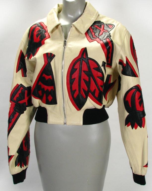 Michael Hoban North Beach Zip Front Jacket: Michael Hoban North Beach Leather cream, red and black "Indian" design crop zip front jacket. Size XS