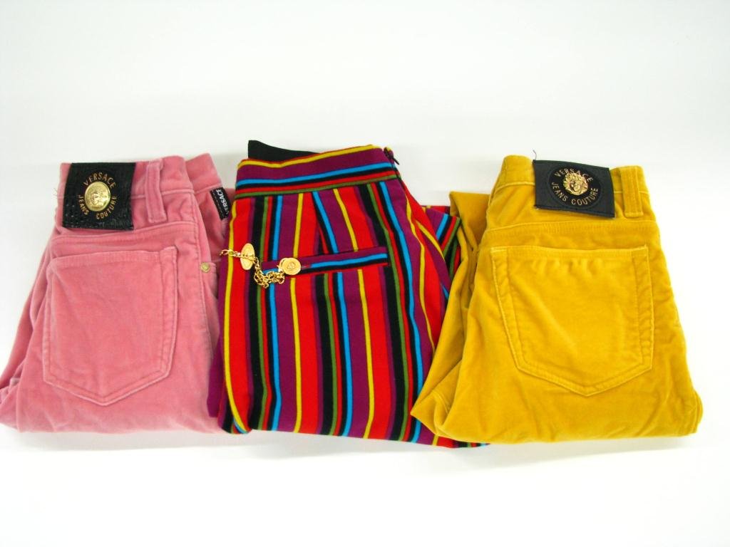 Three Pair of Versace Color Pants: One lot of three Versace various color pants: 1. Versace Jeans Couture five pocket gold "velour" stretch jean--size 27/41 Model 1/00164 A/94 VJ Retail Versus San Fran $215, 2. Versace Jeans Couture fi