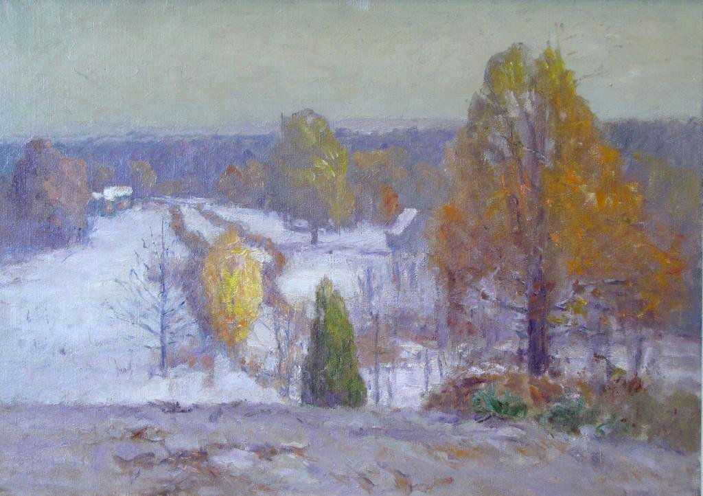 TC Steele 20x28 Estate Oil Winter Landscape: Theodore Clement Steele (American, 1847-1926) 20 x 28 oil, estate stamp verso, depicting a Brown County, IN, winter landscape with cottages, Estate stamp verso #414, with Brandt Steele emblem, listed