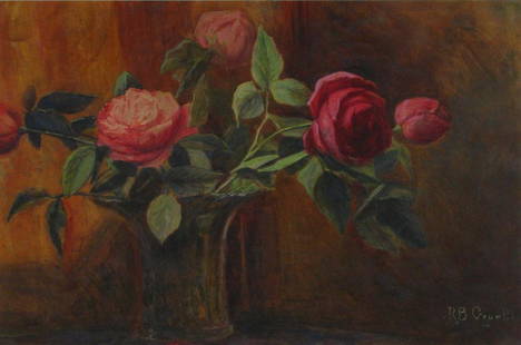 RB Gruelle 13x20 WC Roses in Vase: Richard Buckner Gruelle (IN, 1851-1914) 12.75 x 19.25 watercolor, signed lower right, still life depicting roses in vase