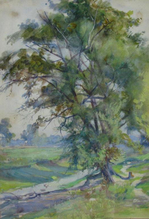 Otto Stark 13x9 WC Landscape: Otto Stark (IN, 1859-1926) 13.25 x 9.25 watercolor, unsigned, depicting a summer landscape