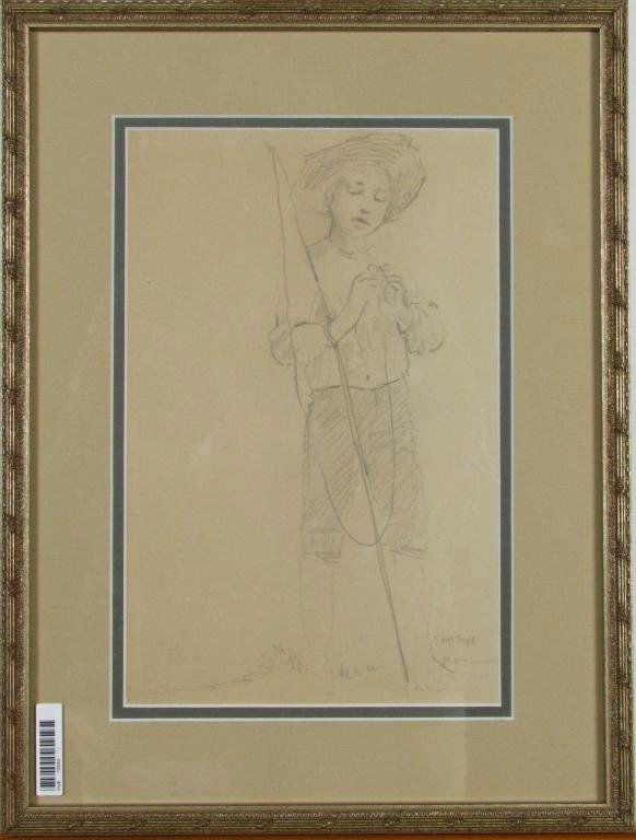 Otto Stark 11x7 graphite Boy with Fishing Pole: Otto Stark (IN, 1859-1926) 11.25 x 7.25 graphite, signed lower right, a boy with a fishing pole