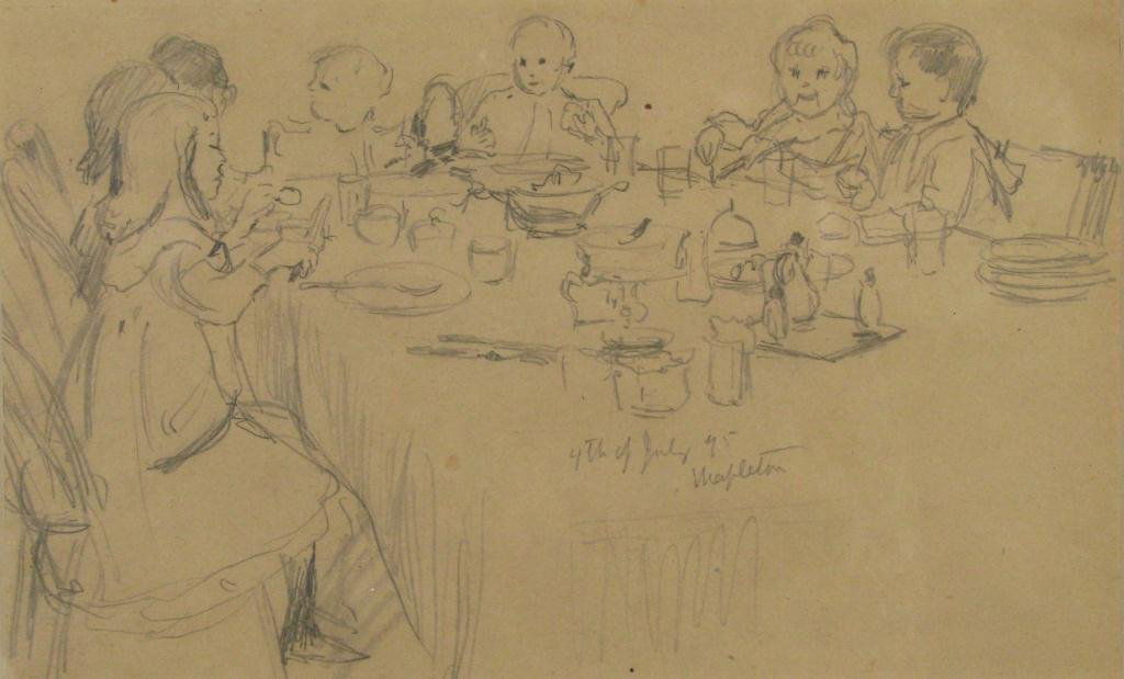 Otto Stark 5.75x9.25 Graphite 4TH of July: Otto Stark (IN, 1859-1926) 5.75 x 9.25 graphite on paper, unsigned, inscribed "4th of July, '95, Mapleton", depicting children at a dinner table