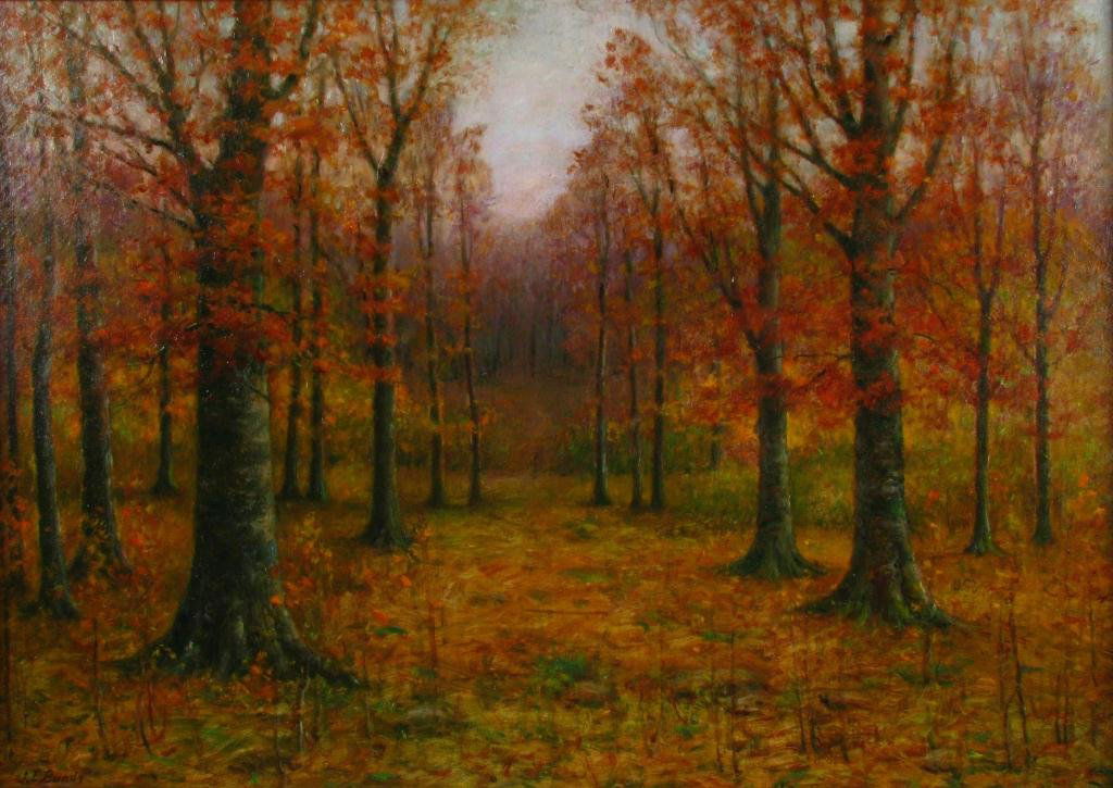 JE Bundy 20x28 O/C "Beech Woods": John Elwood Bundy (IN, 1853-1933) 20 x 28 oil on canvas, signed lower left, titled on stretcher verso "Beech Woods", also with A Bundy Studio label verso