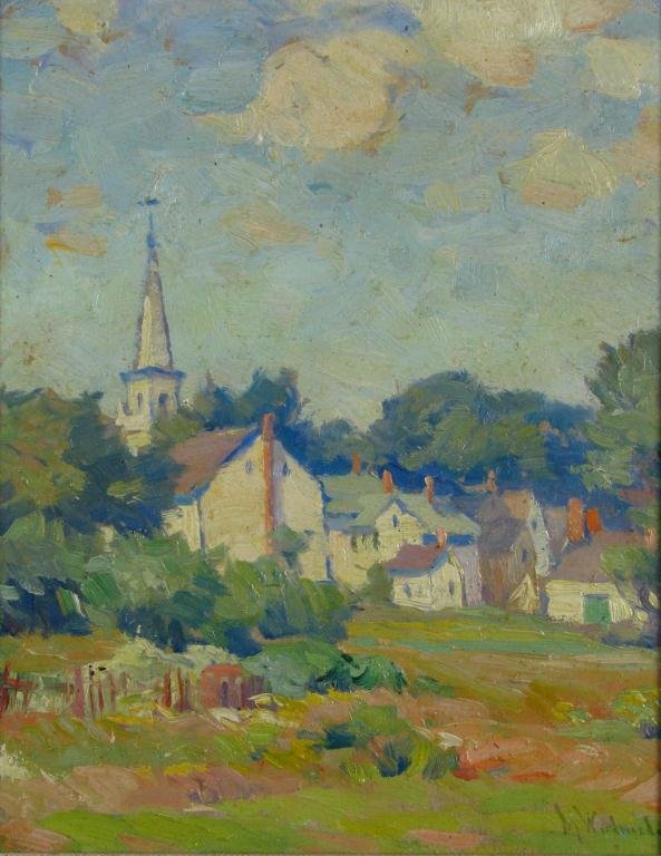 Mabel Woodward 11x9 O/B New England Village: Mabel May Woodward (American, 1877-1945) 10.75 x 8.75 oil on board, signed lower right, landscape of New England village