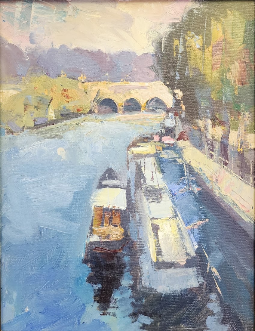 Randall S Harden 18x14 O/C Boats on the River: Randall S Harden (IN, b 1966) 18x14 , O/C , unsigned , Boats on the River size as framed: 25 x 20.75 Proceeds from the sale of this painting will benefit Noblesville Creates, Noblesville, IN