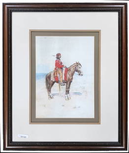 Charles Craig Framed Lithograph, The Scout: A framed, offset lithograph, "The Scout", by Charles Craig (1846-1931), depicting Native American on horseback, size as framed- 25" x 21" (print is laid down to mat)