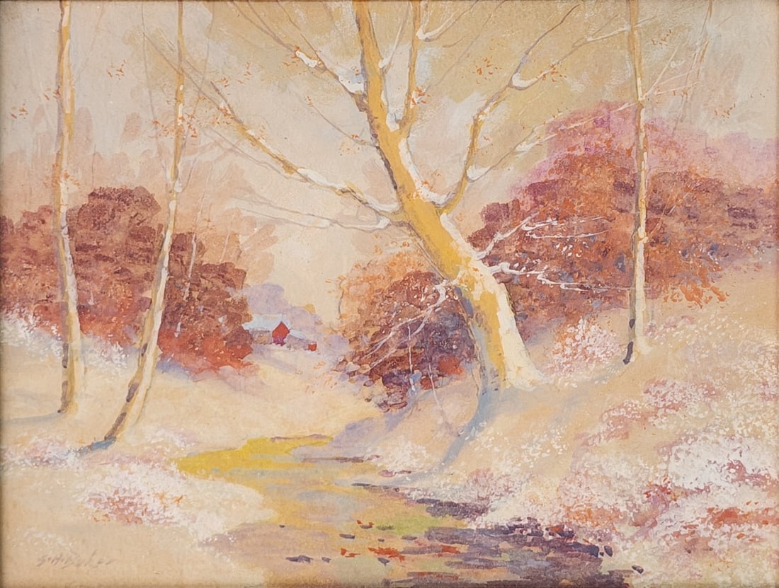 George H. Baker 11.5x15.5 WC Late Autumn Creek: George H. Baker (IN, 1878-1943) 11.5x15.5 , WC , Signed Lower Left , Late Autumn Creek Size as framed 14" x 18"