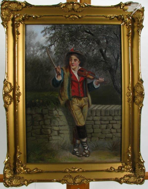 H. Tschudi 20x14 O/B Boy With Violin: H. Tschudi 20 x 14 Oil on Board, signed lower left, depicting a boy with a violin (gesso frame needs repair)