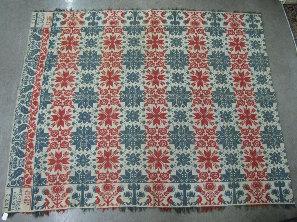 Antique Jacquard Coverlet, IN, 1853: Antique, tri-color full size jacquard coverlet, corner block signed Henry Adolf, Hamilton County, IN 1853, overall good condition with minor wear