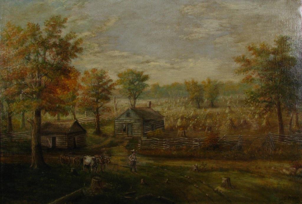 L.S. Pierce 17x25 O/C Primitive Midwest Farm: L.S. Pierce (fl 1880-1920) 17.5 x 25 oil on canvas, primitive depiction of farm with figures, animals and log cabins, ca late 19th century, previous restoration and lining