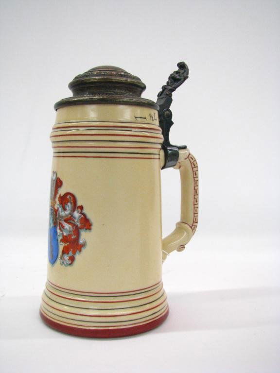Porcelain Doctor's Stein, "Puss-n-Boots": .5L porcelain doctor's stein with silver plate lid, very unique "Puss n Boots" glass lithopane (hairline on side) (24)