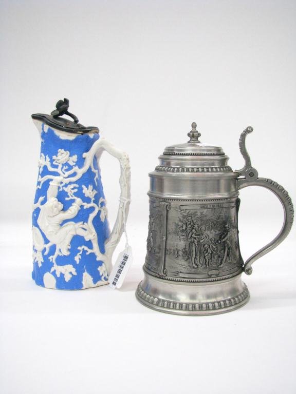 Antique T&J Mayers Pitcher, Pewter Tankard: Antique T&J Mayers Parian Relief, Dale Hall Pottery Pitcher, Rd stamp, white on blue, and SKS Zinn 95% Pewter Tankard with three titled scenic panels: "Der Trodler", "Der Pfeifer", "Der Feidler
