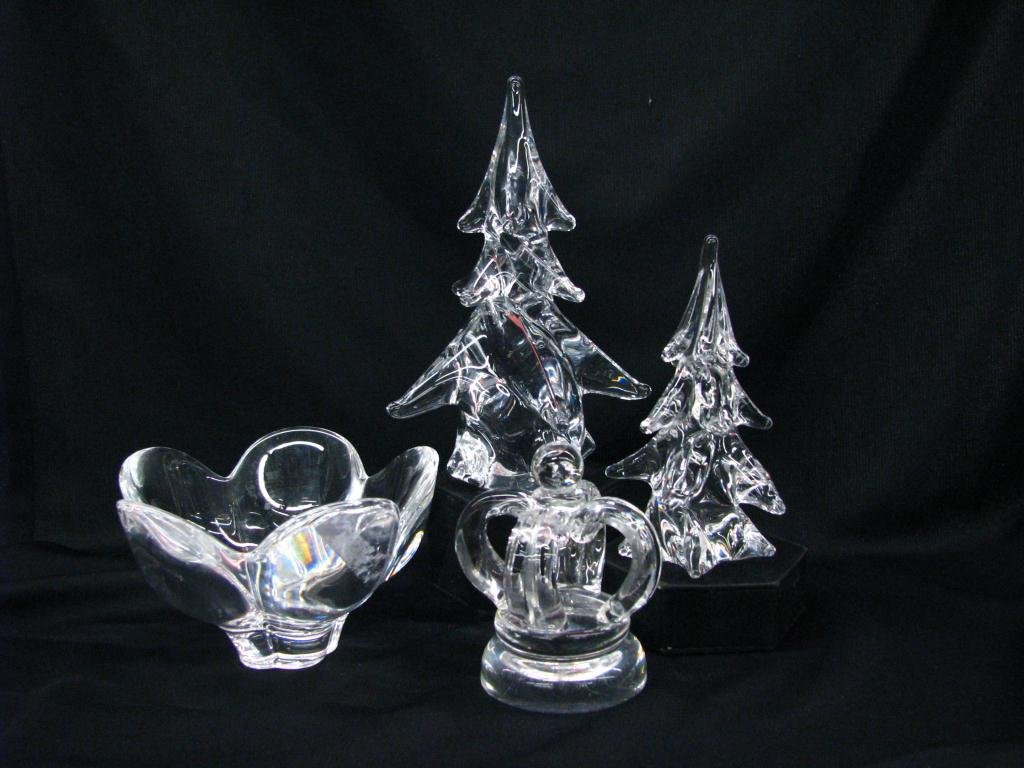 Orrefors, Steuben, Clichy Crystal Accessories: Group of Signed Crystal Decorator Accessories including a Clichy 6" Christmas tree, an unsigned 8" Christmas tree, a Steuben crown and an Orrefors 5.5" bowl