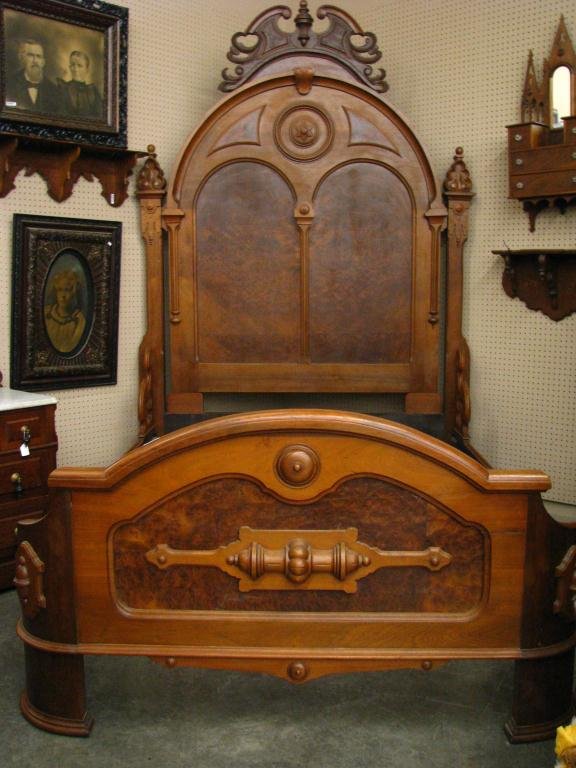 Renaissance Revival Victorian Walnut Bed: Renaissance Revival Victorian Walnut Bed with burled walnut trim and carvings