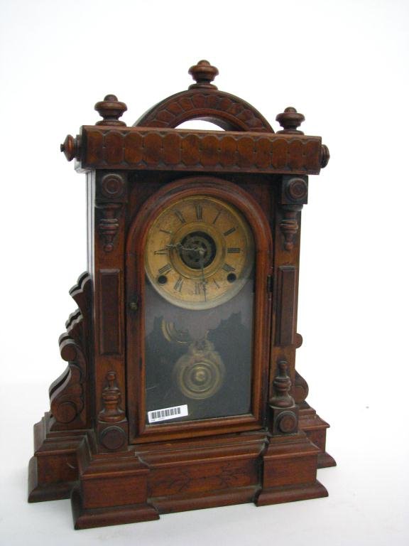 Antique Renaissance Victorian Shelf Clock: Antique Renaissance Victorian Walnut Shelf Clock, 19" tall