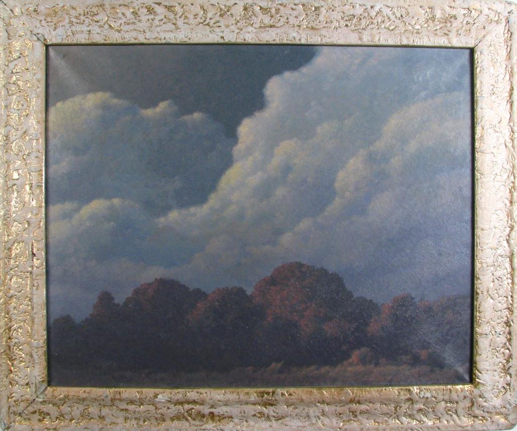 Carl Woolsey 24x30 O/C Storm Clouds: Carl Woolsey (IN, 1902-1965), 24 x 30 oil on canvas, unsigned, Storm Clouds landscape, in a Jean Woolsey frame, from the estate of Rhonda Woolsey Wolverton, daughter of Carl Woolsey