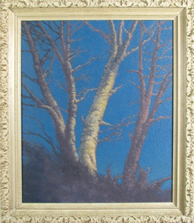 Carl Woolsey 24x20 O/B Birch Trees and Blue Sky: Carl Woolsey (IN, 1902-1965), 24 x 20 oil on board, unsigned, Birch Trees and Blue Sky, from the estate of Rhonda Woolsey Wolverton, daughter of Carl Woolsey