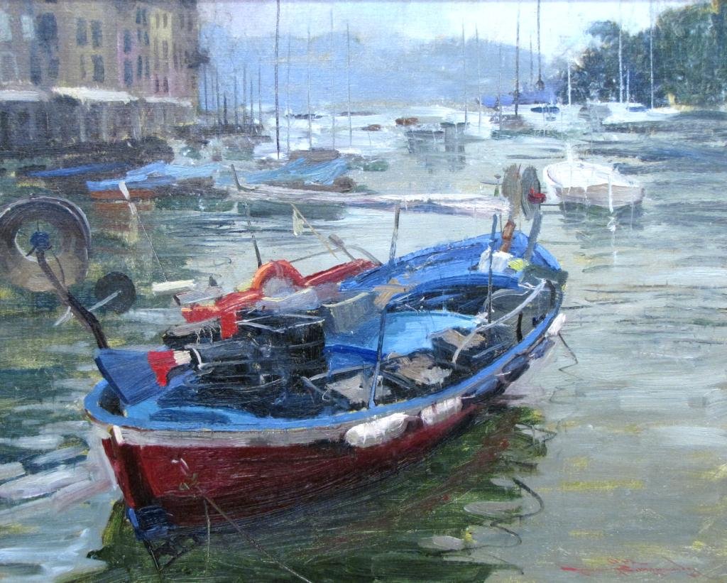 CW Mundy 16x20 O/L "Gozzo Ligure, Portofino": Charles Warren Mundy (American, b1945) 16 x 20 oil on linen, signed lower right, entitled "Gozzo Ligure, Portofino", from the 1996 "Italy: Light and Color" exhibition