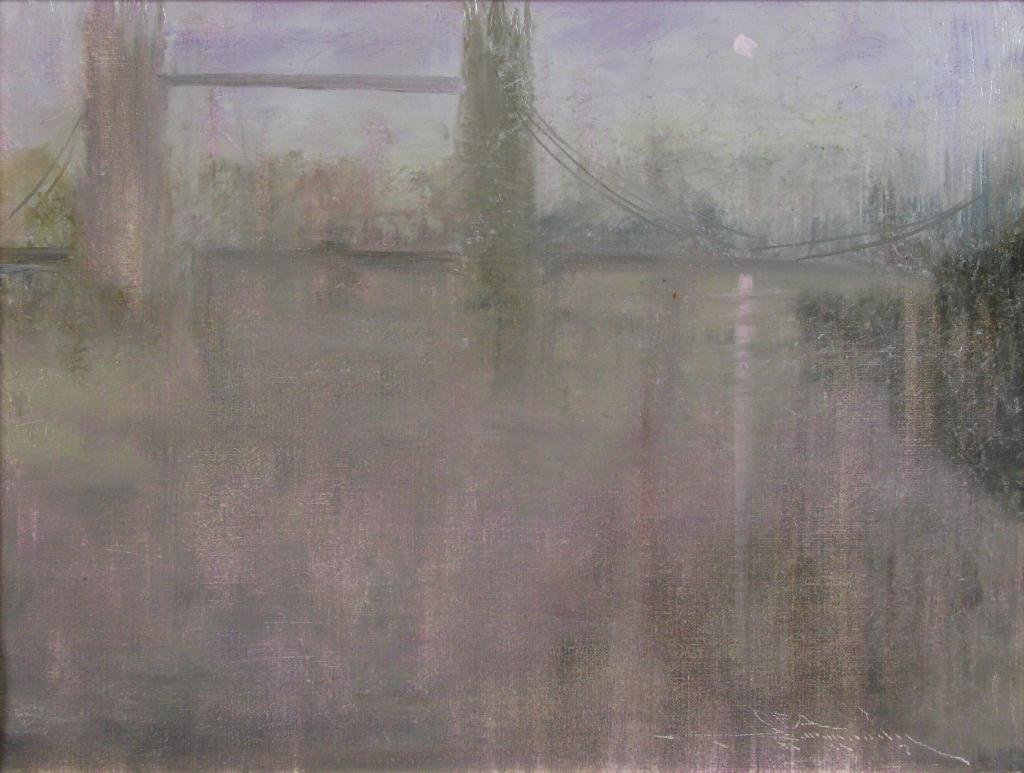 CW Mundy 9x12 O/L "Sunrise at Tower Bridge, London: Charles Warren Mundy, (American, b 1945), 9 x 12 oil on linen, signed lower right, titled "Sunrise at Tower Bridge, London"