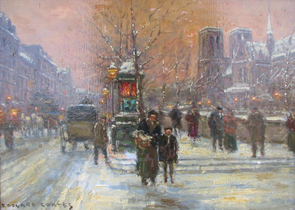 Edouard Cortes 13x18 O/C Parisian Street Scene: Edouard Cortes (French, 1882-1969) 13 x 18 oil on canvas, signed lower left, depicting a Parisian street scene
