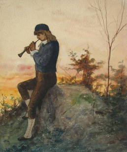 R.B. Gruelle 12x10 WC Boy Playing Flute: Richard Buckner Gruelle (IN, 1851-1914) 12 x 10 watercolor, signed lower left, depicting a boy playing a tune on a flute