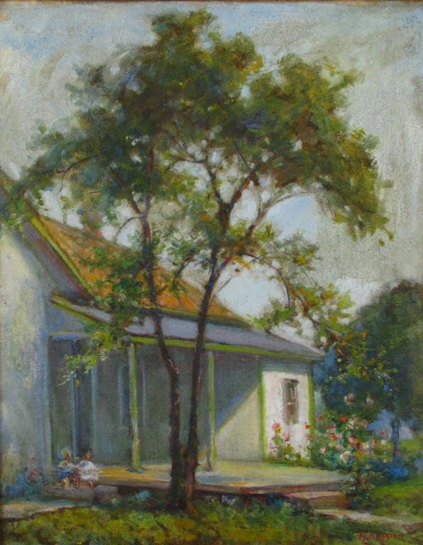 Karl A Kappes 20x16 O/B Children on Porch: Karl A Kappes (OH, 1861-1943) 20 x 16 oil on board, signed lower right, depicting a home in summer with children playing on front porch