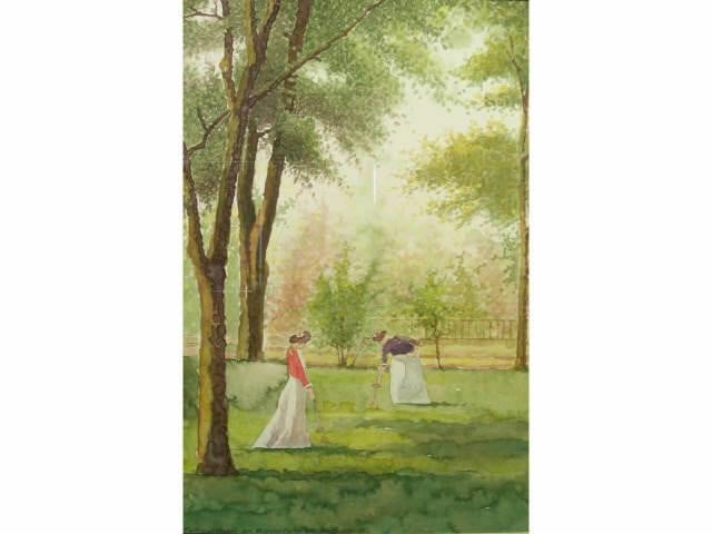 Ken Bucklew 14.75 x 9.75 WC "The Croquet Players": Ken Bucklew (IN, Active) 14.75 x 9.75 , WC , Signed Lower Left , "The Croquet Players" After an Original by William McGregor Paxton, 1898. Dated 1982 lower right.