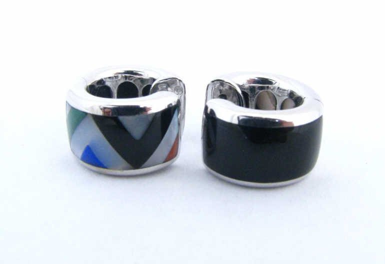 Asch Grossbardt 14k WG Huggie Inlaid Earrings: Asch Grossbardt 14k white gold huggie style hard stone earrings with lapis, onyx and mother of pearl geometric design