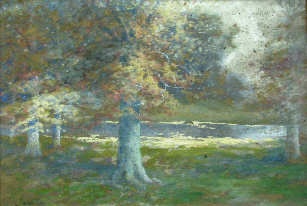 W.A. Eyden 17x24 Watercolor Autumn Pond: W.A. Eyden 17x24 Watercolor, Signed Lower Left, Autumn Pond with Beeches, (there is no glass in the frame)