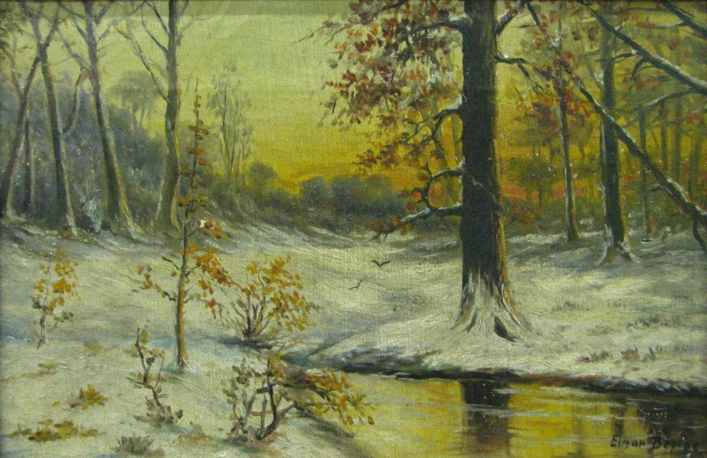 Elmer S Berge 8x12 O/C Winter Woods: Elmer S Berge (MN, 1892-1956) 8 x 12 oil on canvas, signed lower right, late autumn woods with creek