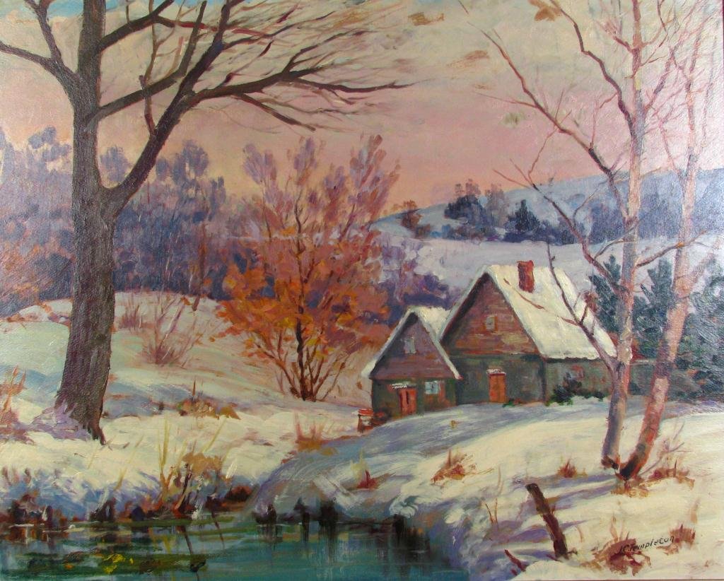 JC Templeton 24x30 O/B Cabin in Winter: John Cowan Templeton (IN, 1880-1958), 24 x 30 oil on board, signed lower right, depicting secluded cabin in early winter with pond