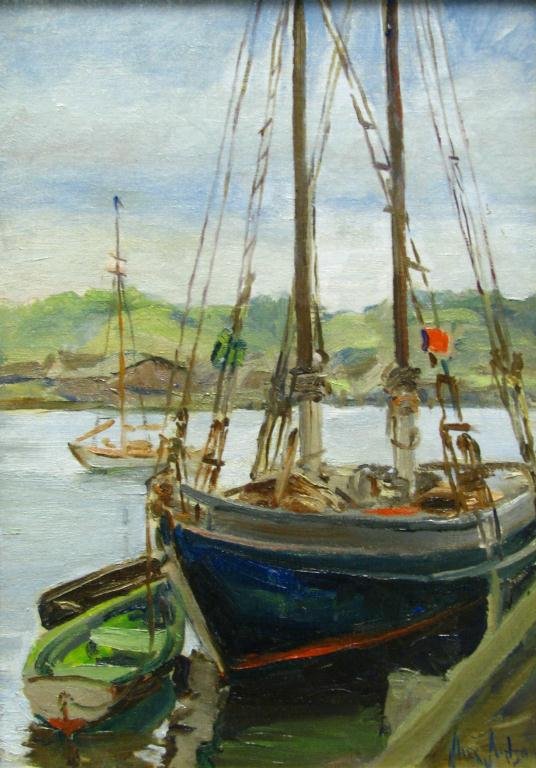 Alice Judson 14x10 O/B Boat at Dock: Alice Judson (NY, 1876-1948), 14 x 9.75 Oil on board, signed lower right, New England boat at dock